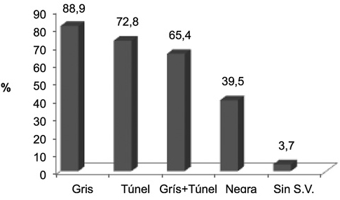 Figura 1. Porcentaje de pilotos con síntomas visuales (visión gris, visión en túnel y visión negra)