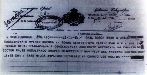 Telegrama del Ministerio de la Guerra comunicando el fallecimiento de Pagés.
