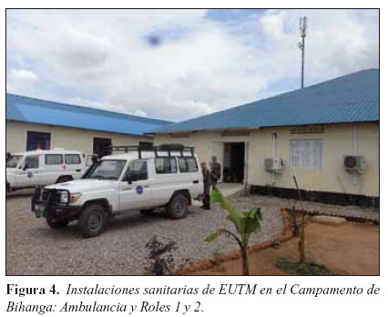 Figura 4. Instalaciones sanitarias de EUTM en el Campamento de Bihanga: Ambulancia y Roles 1 y 2.