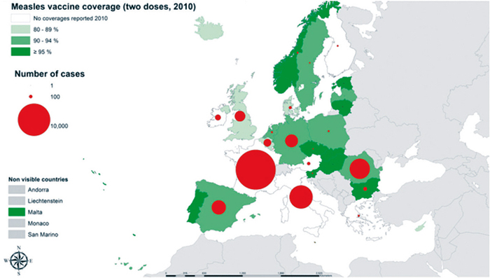 Figura 4 . Sarampión: Número de casos y cobertura de vacunación, Europa 2010. Fuente: European Centre for Disease Prevention and Control.
